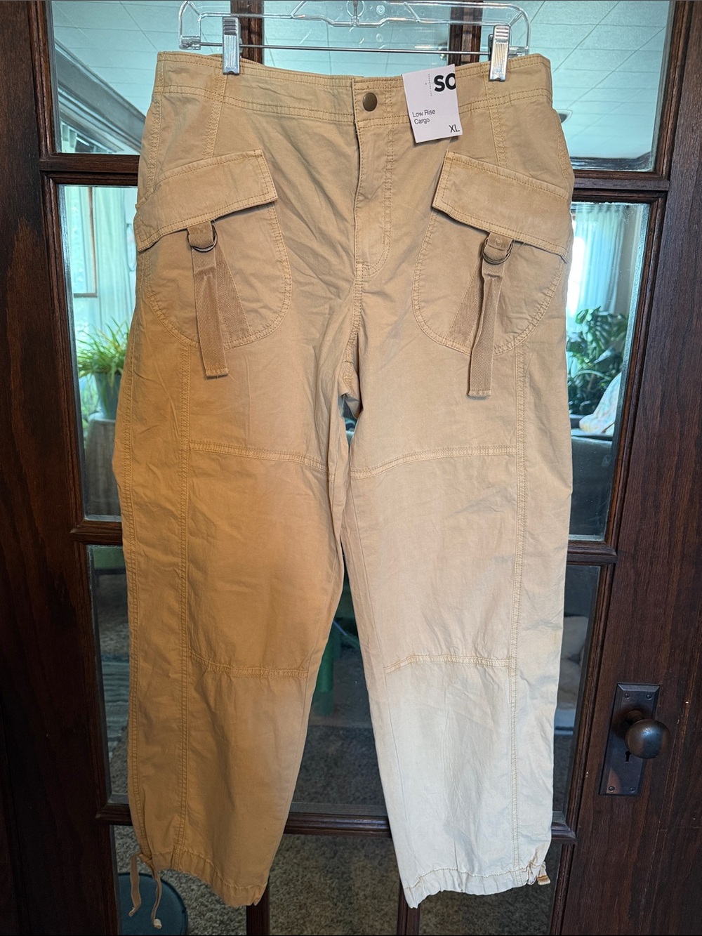 SO Low Rise Cargo Pants Tan Khaki XL NWT D-Ring Drawstring Hem Utility Y2K